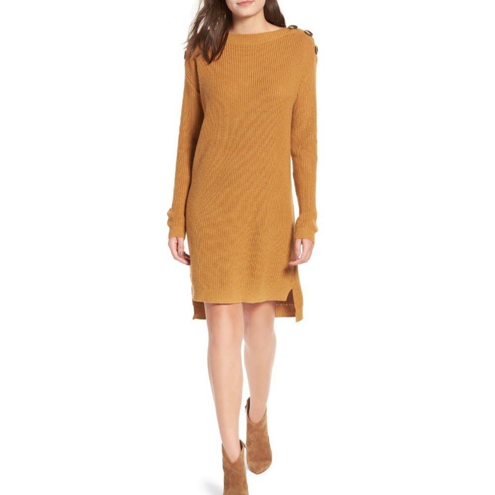 Mustard Yellow Brown Detail Ribbed Knit Sweater Dress Buttons Minimalist Comfy